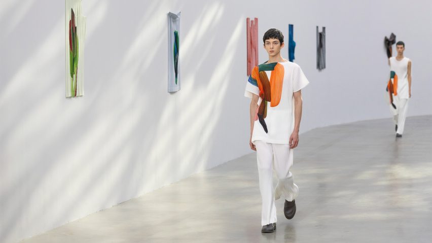 Models walking Issey Miyake Homme Plissé AW24 runway