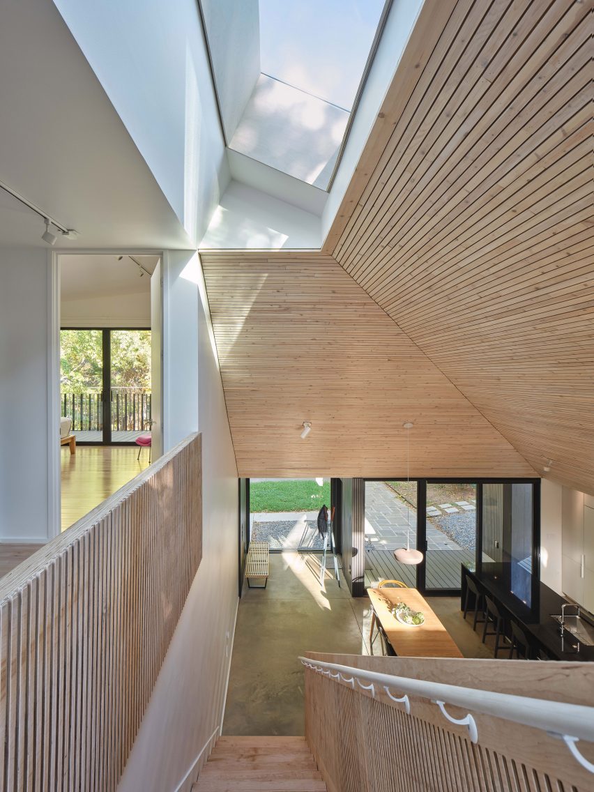 An interior with wood panelins