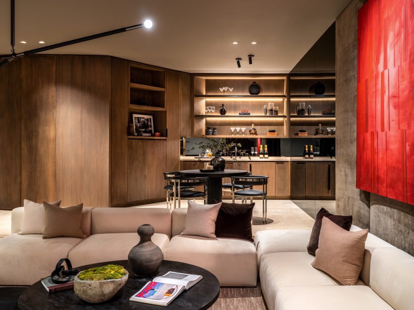 Living room area with large couch