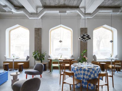 Arched windows in FIKA Restaurant in Kazakhstan by NAAW Studio