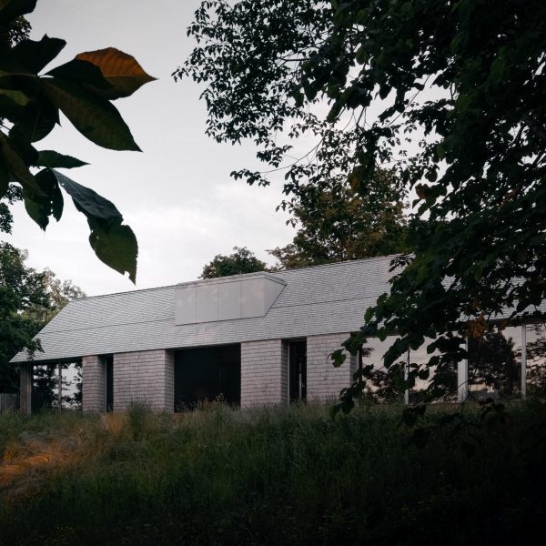 Grey cedar home with trees in foregroud