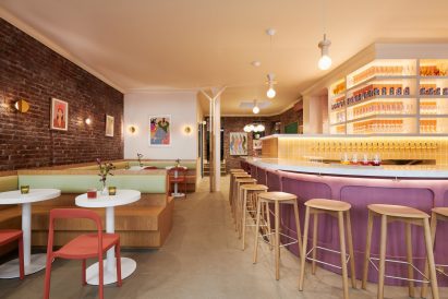 Bar with built-in seating on the left and counter on the right