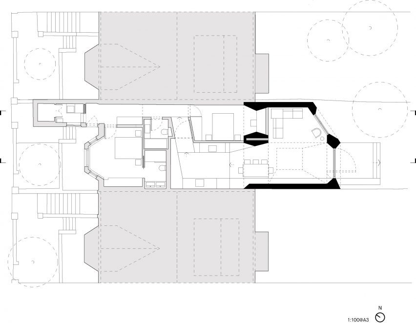 Floor plan of Terzetto flat extension in London by ConForm Architects