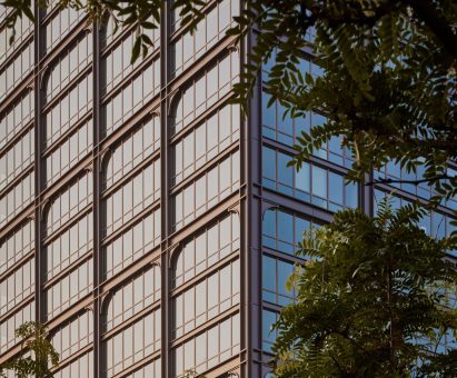 Close-up of The Row's gridded facade