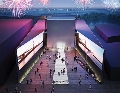 A rendering of a pavilion at night