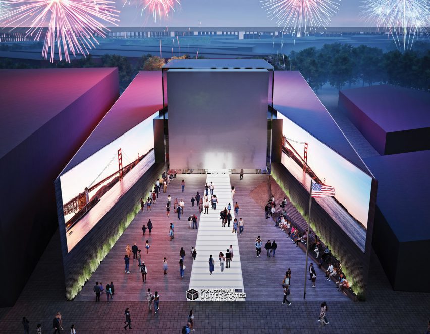 A rendering of a pavilion at night