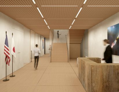 Lobby interior with stairs and American flag