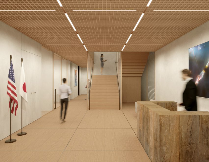 Lobby interior with stairs and American flag