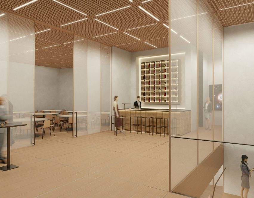Lobby interior clad in wood