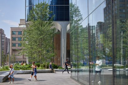 A plaza with two skyscrapers