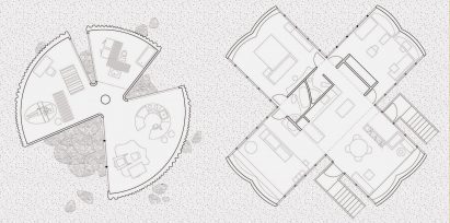 Floor plan drawing showing dwellings with circular and cross shaped footprints