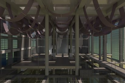 Interior space with glass windows and U-shaped structures hanging from the ceiling
