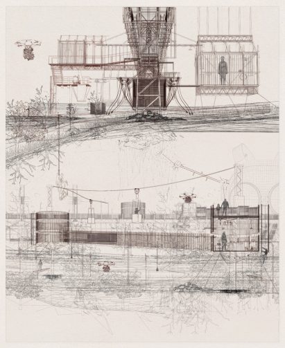 Sepia-toned illustrations showing people inside a large, low building