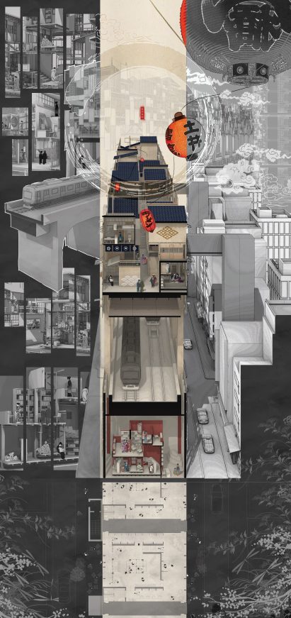 Sectional visualisation showing a building built above and below urban railway tracks