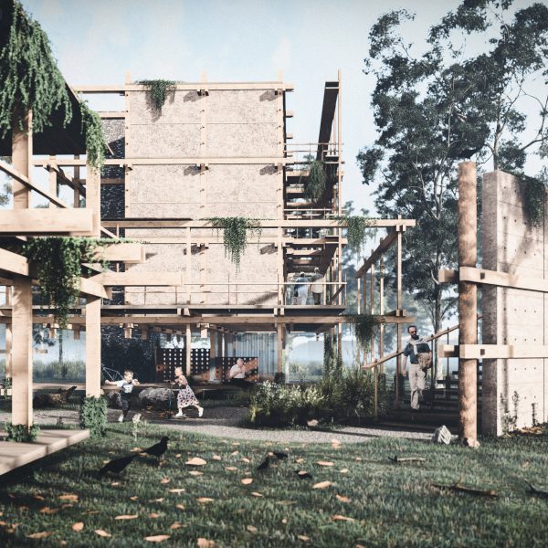 Visualisation showing a structure surrounded by trees