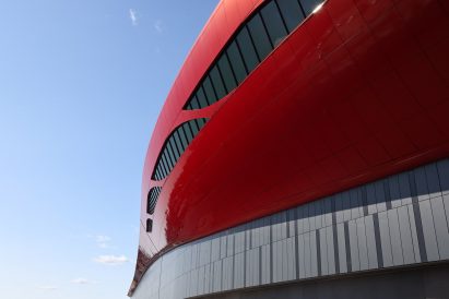 Windows on the red facade of Boston Airport
