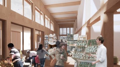 Interior render of a timber space with food stands