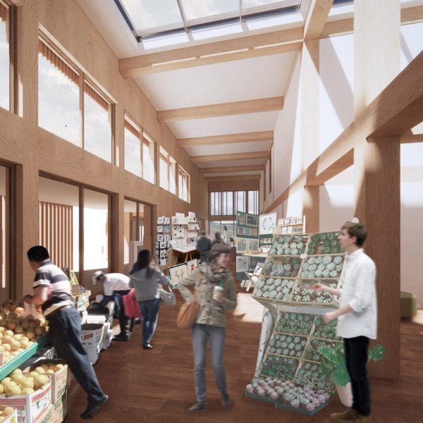 Interior render of a timber space with food stands