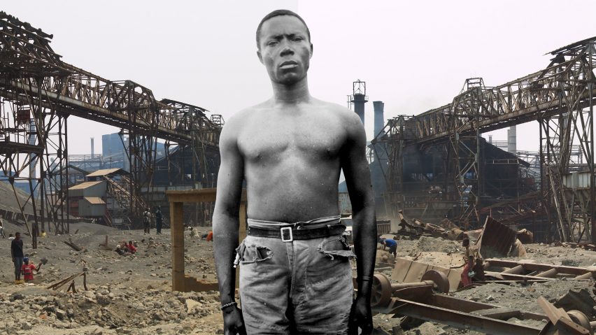 Graphic with photography of person by Sammy Baloji