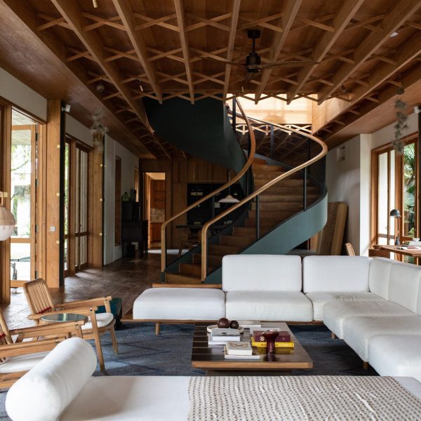 Wooden spiral staircase in a living room