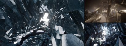 Stills from a video game with spikes and columns