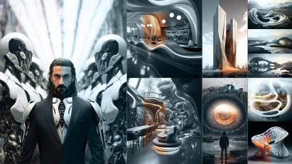 several AI-generated images, depicting a robots, a robot-human hybrid and interior architectural renders