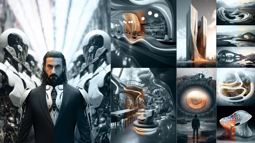 several AI-generated images, depicting a robots, a robot-human hybrid and interior architectural renders