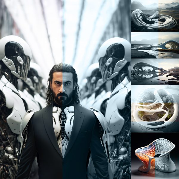 several AI-generated images, depicting a robots, a robot-human hybrid and interior architectural renders