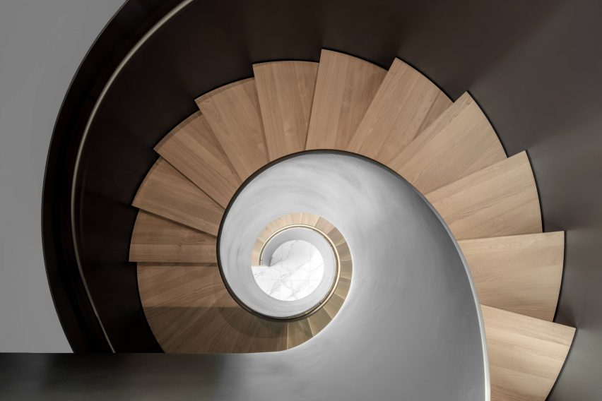 Birdseye view of a steel spiral staircase