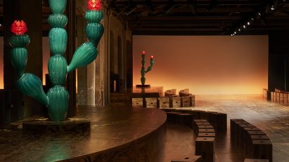 Glass cacti and wooden stools on Bottega Veneta set