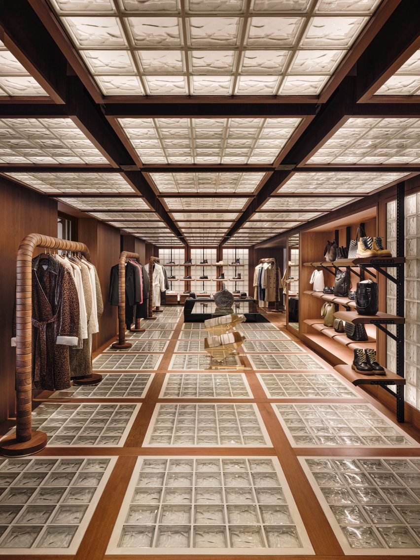 The two-storey store features thousands of glass bricks