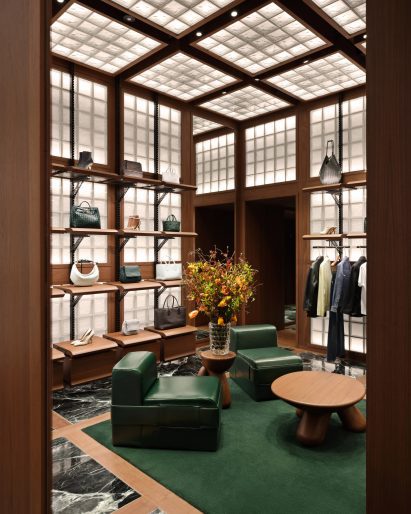 Room with squares of glass blocks across the walls and ceiling