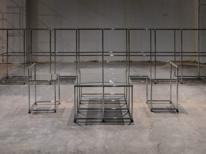 Glass and chrome table and shelving