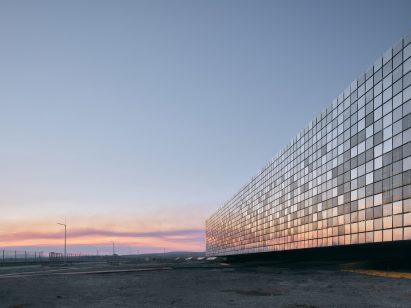 Close up of stainless steel panels on the facade of Central Control Building by Bilgin Architects