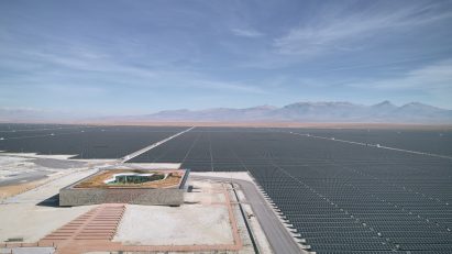 Aerial view of Central Control Building by Bilgin Architects amongst solar farm