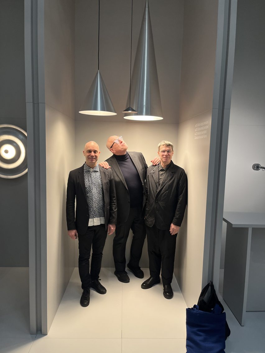 design trio Mårten Claesson, Eero Koivisto and Ola Rune of Claesson Koivisto Rune under their pendant lights at Wästberg