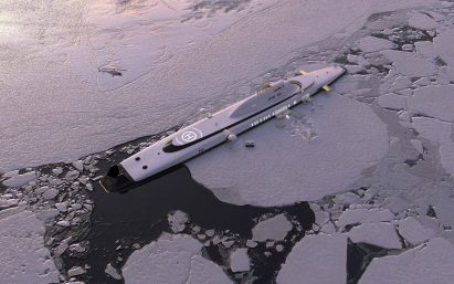 Luxury submarine superyacht cutting through ice