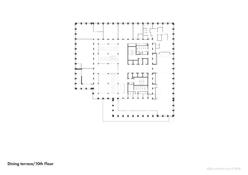 Dining terrace/ tenth floor plan of London College of Fashion by Allies and Morrison