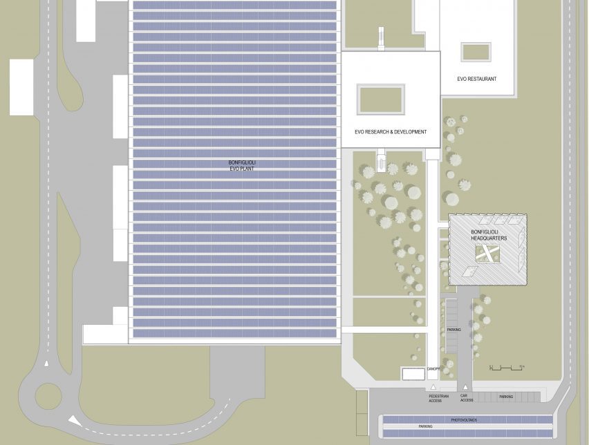 Site plan of the Bonfiglioli headquarters by Peter Pichler Architecture