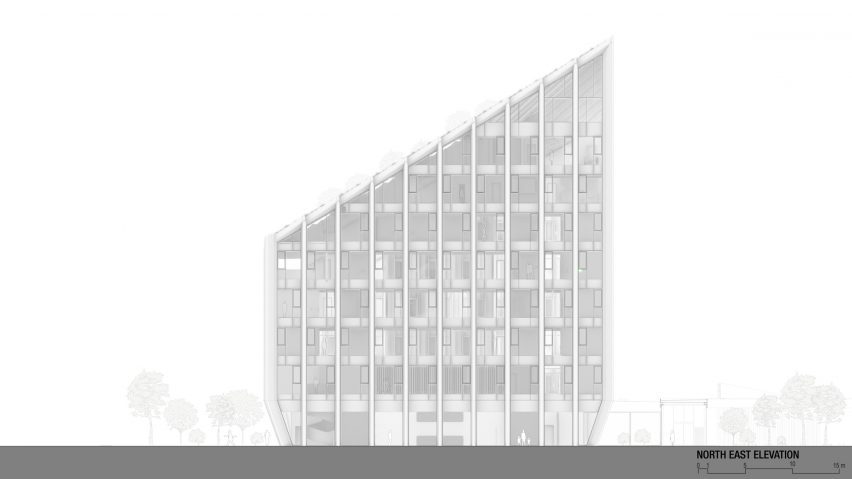 Elevation of the Bonfiglioli headquarters by Peter Pichler Architecture