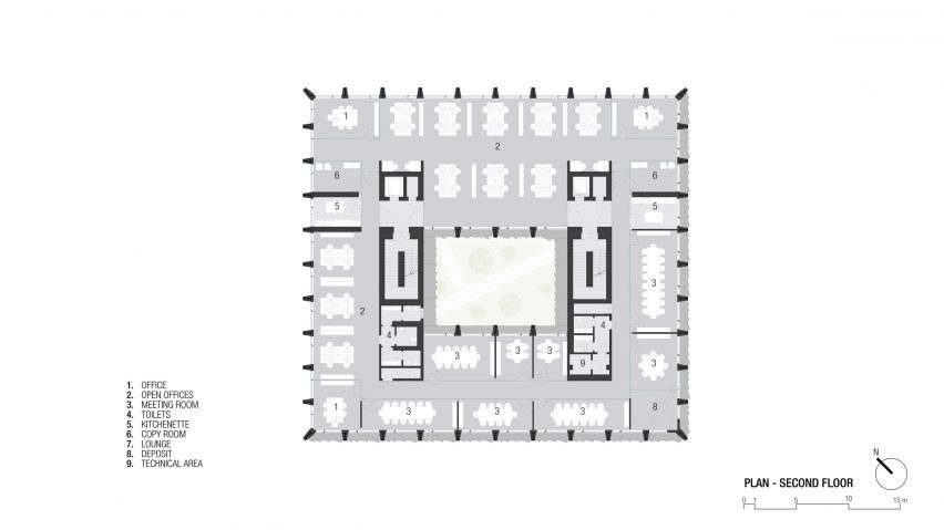 Second floor plan of the Bonfiglioli headquarters by Peter Pichler Architecture