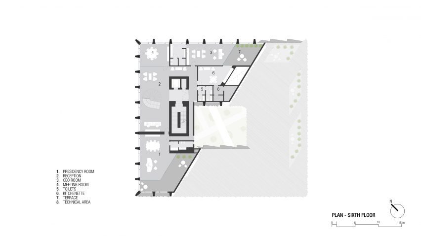 Sixth floor plan of the Bonfiglioli headquarters by Peter Pichler Architecture