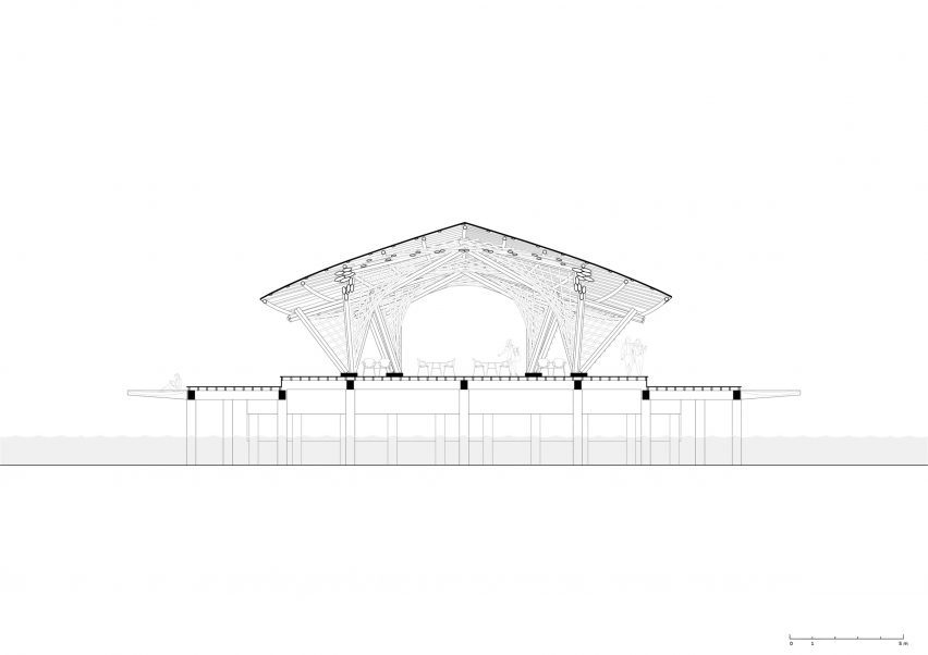 Section drawing of Overwater Restaurant by Atelier Nomadic