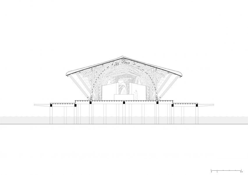Section drawing of Overwater Restaurant by Atelier Nomadic