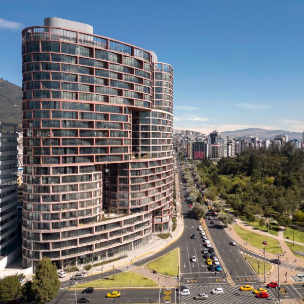 Wrapped skyscraper in Quito with park in the background