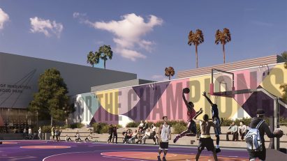 Rendering of a public square with a bright pink and purple basketball court, new buildings in the background and people using the space in many different ways