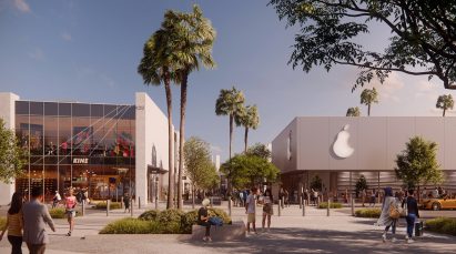 Rendering of a sunny plaza with new buildings and palm trees