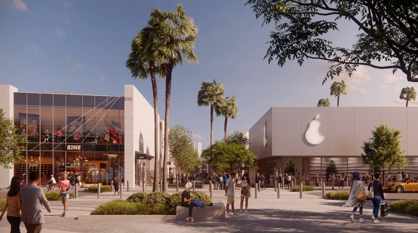 Rendering of a sunny plaza with new buildings and palm trees