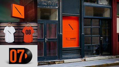Photo of a graphic design project showing a continuity of graphics along a sign, T-shirts, an album sleeve and a poster