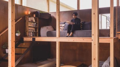 Interior of Japanese house with timber pillars